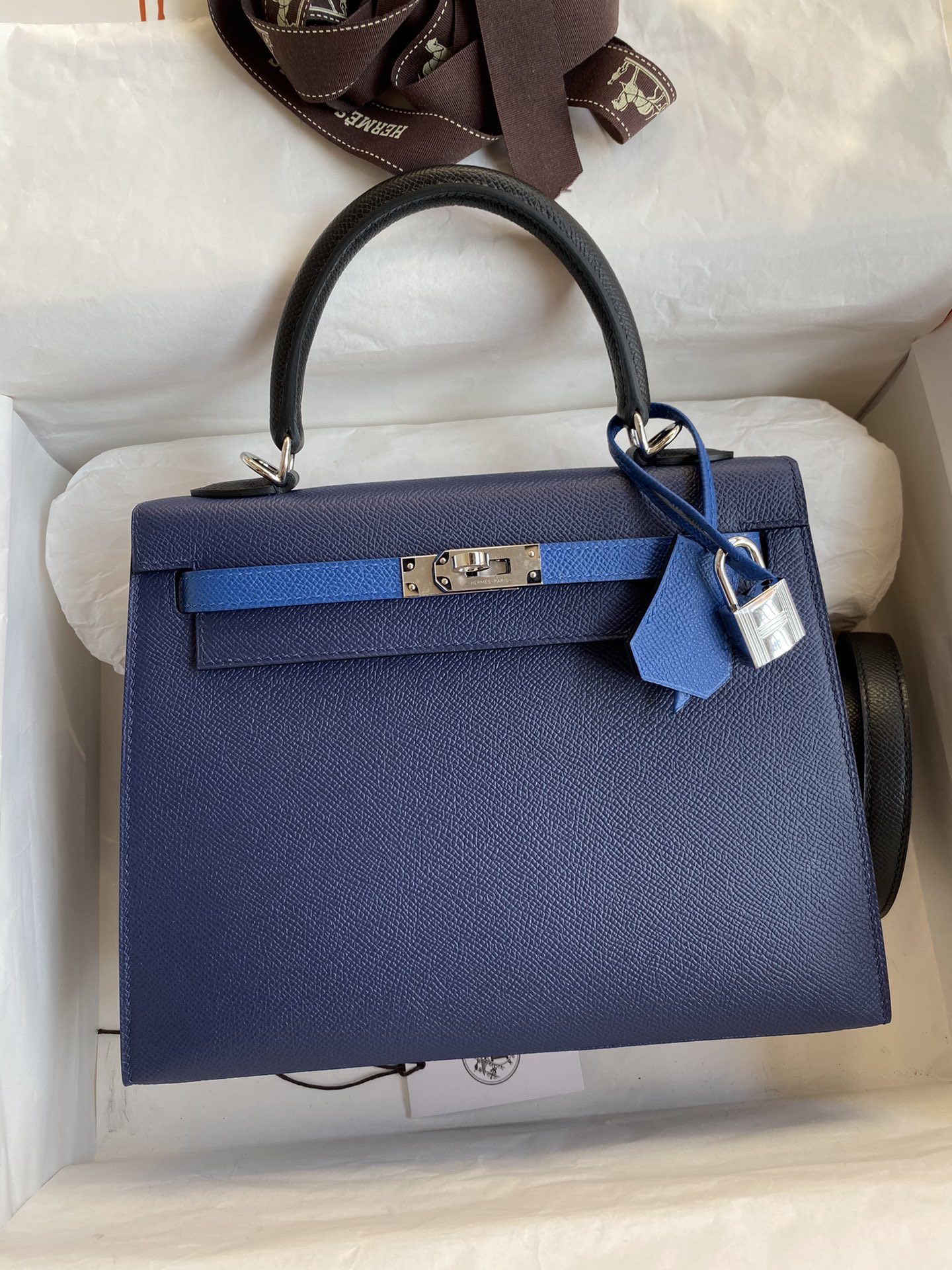 Hermes Kelly 25cm Handbag Shoulder Bag in Deep Blue Epsom Leather